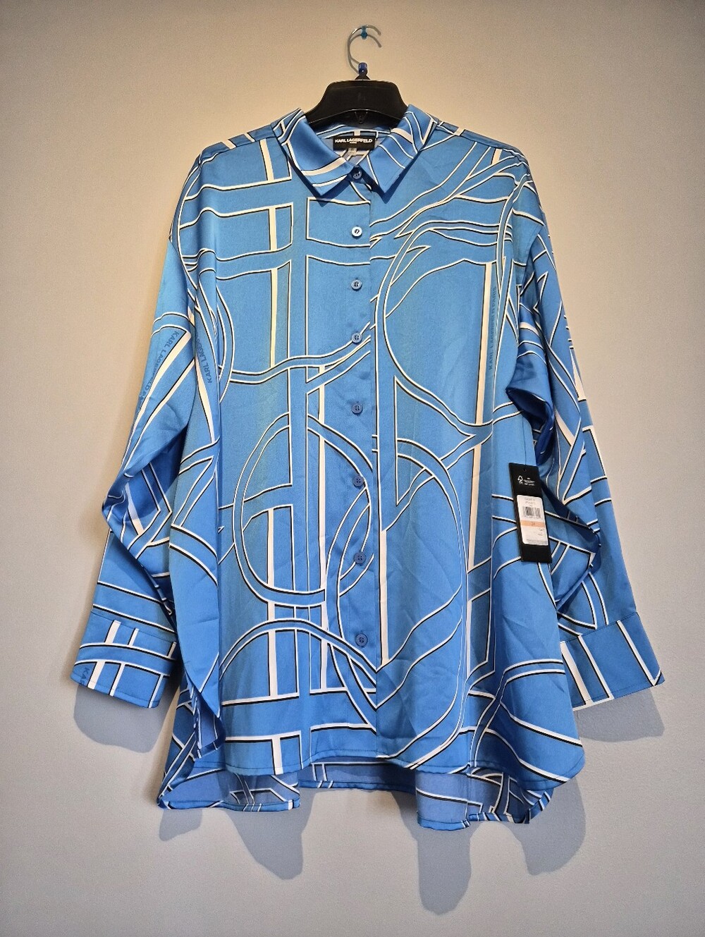Karl Lagerfeld Blue Sheened Graphic Long Sleeve Blouse | Size XXL